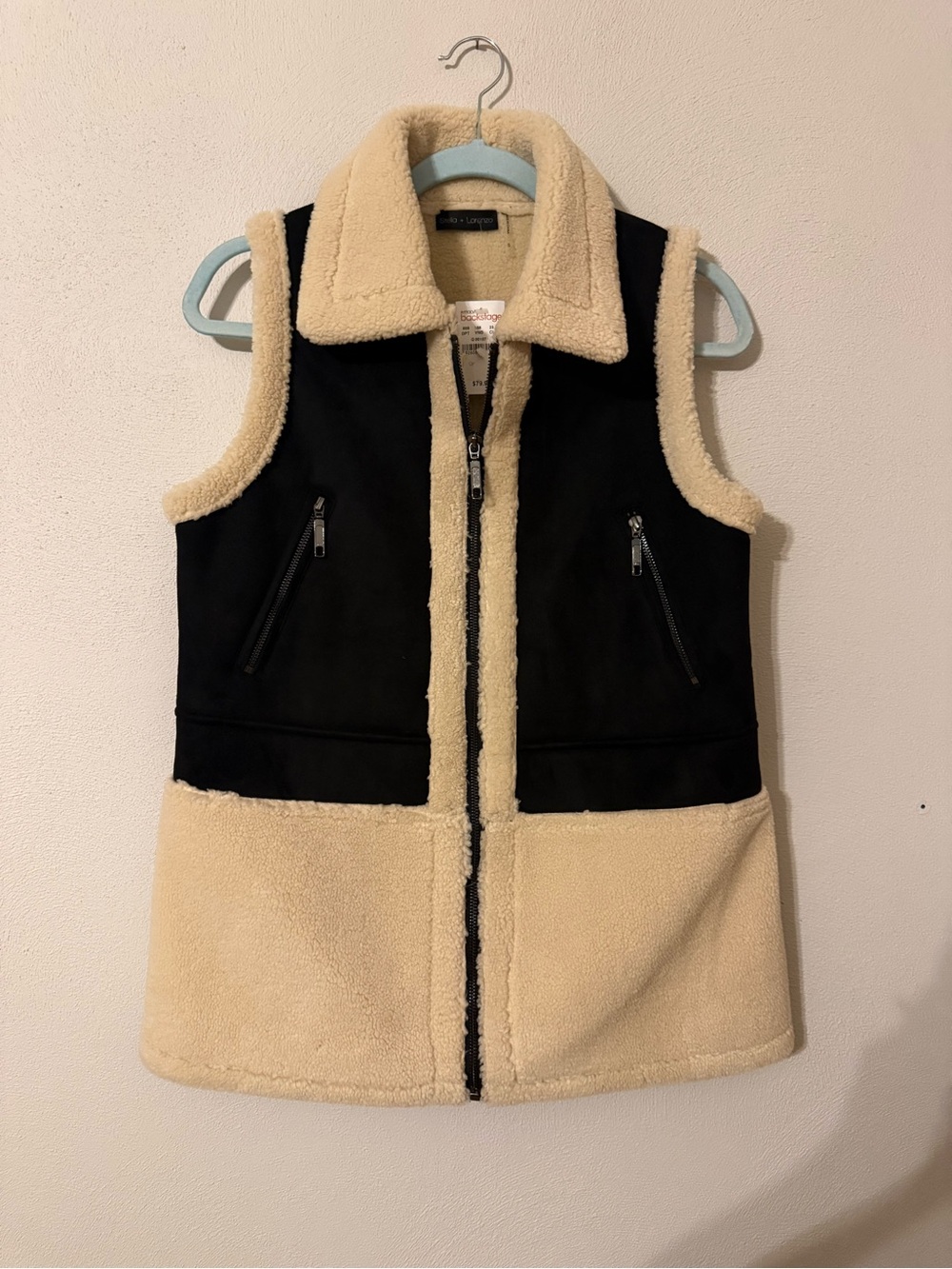Stella + Lorenzo Black and Cream Sherpa Zip Vest
